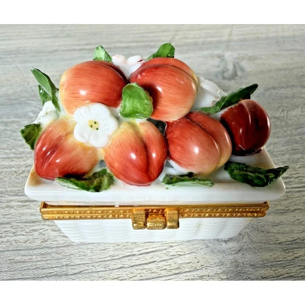 Vtg Portmeirion Ceramic 3D Peaches Fruit Hinged Trinket Box Peach Blossom Rare
